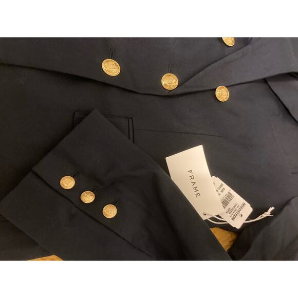 Frame Double Breasted Crop Blazer Jacket Sz 6 Navy NWT Linen Blend gold Nautical - Picture 9 of 12